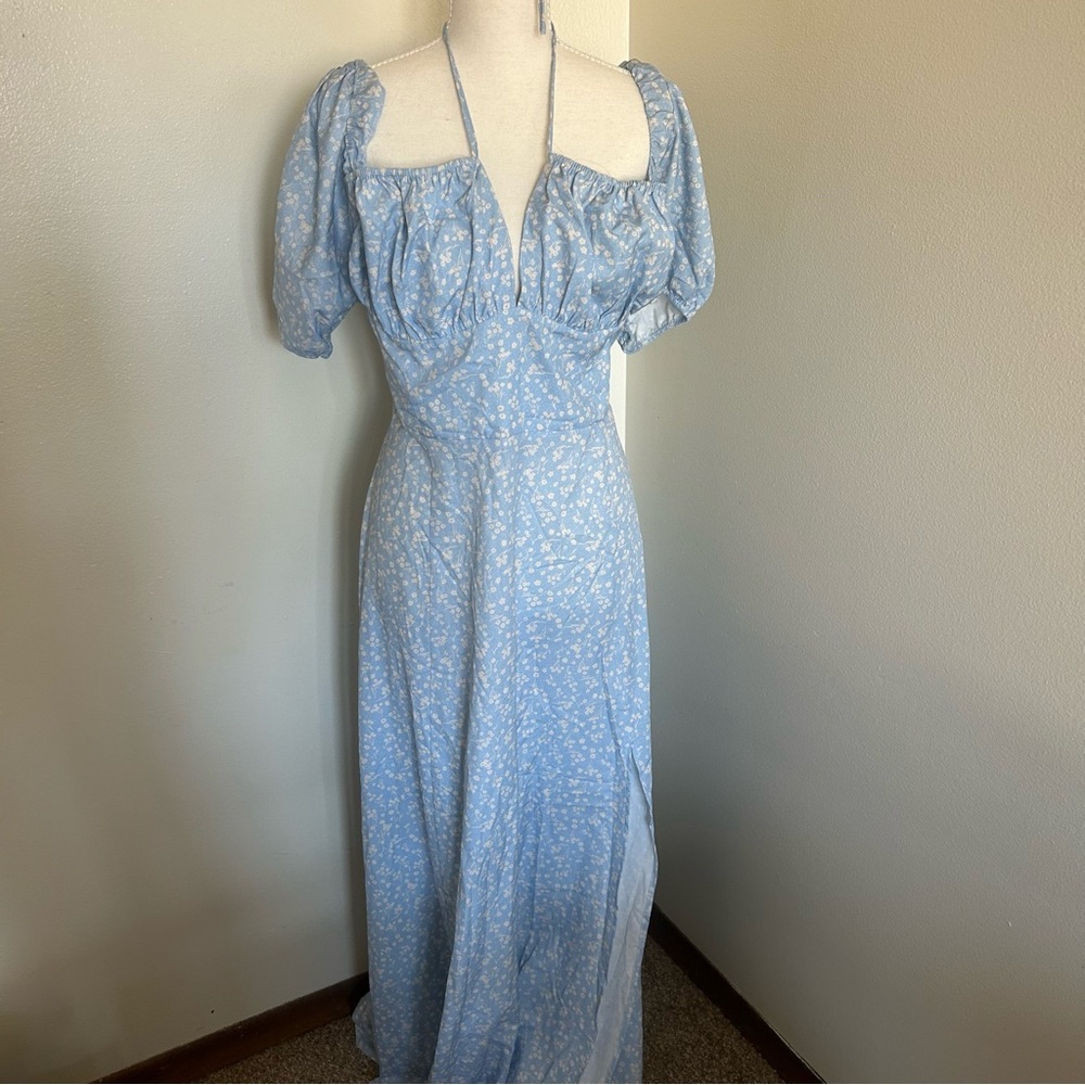 Kutumai Blue Floral Puff Sleeve Maxi Dress Back Zipper NWT Size XXL